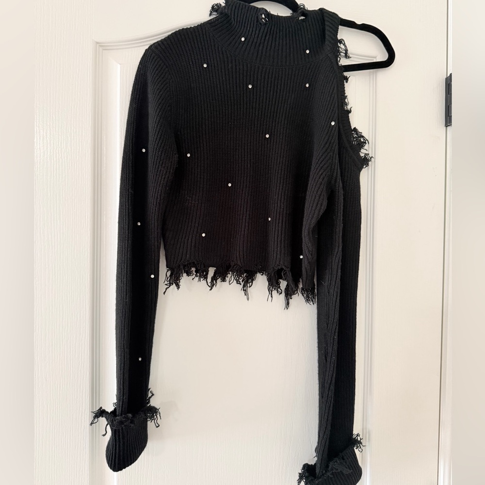 Signature8 Black Frayed Pearl-Embellished Sweater